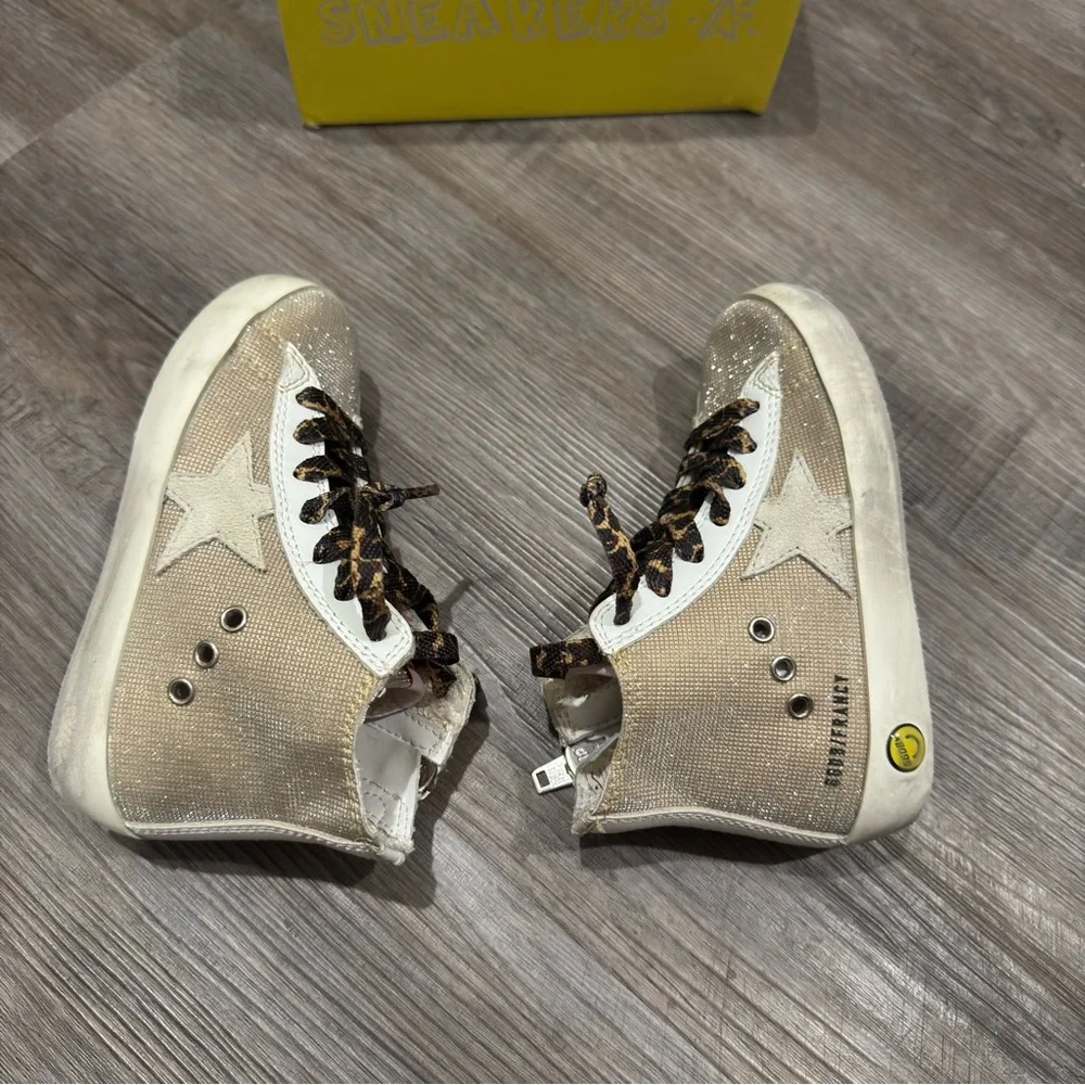 Golden Goose Francy Checkered Glitter Upper Leopard Print Laces High Top Sneaker